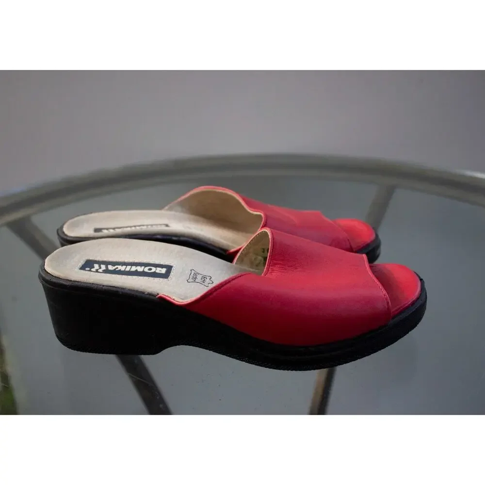 ROMIKA Red‎ Leather Slip On Wedge Sandals Leather Insoles 2” Heel Sz 36 US 6